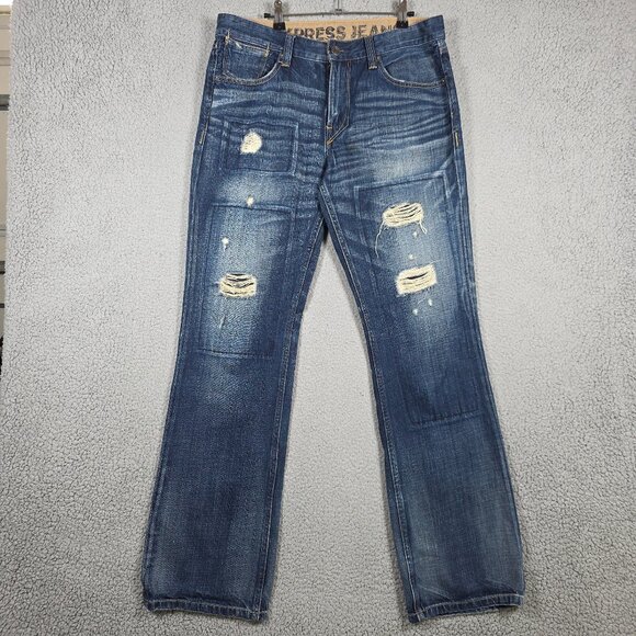 Express Jeans Mens Size 34x34 Dark Wash Distress Rocco Slim Fit Low Rise Bootcut - Picture 1 of 13